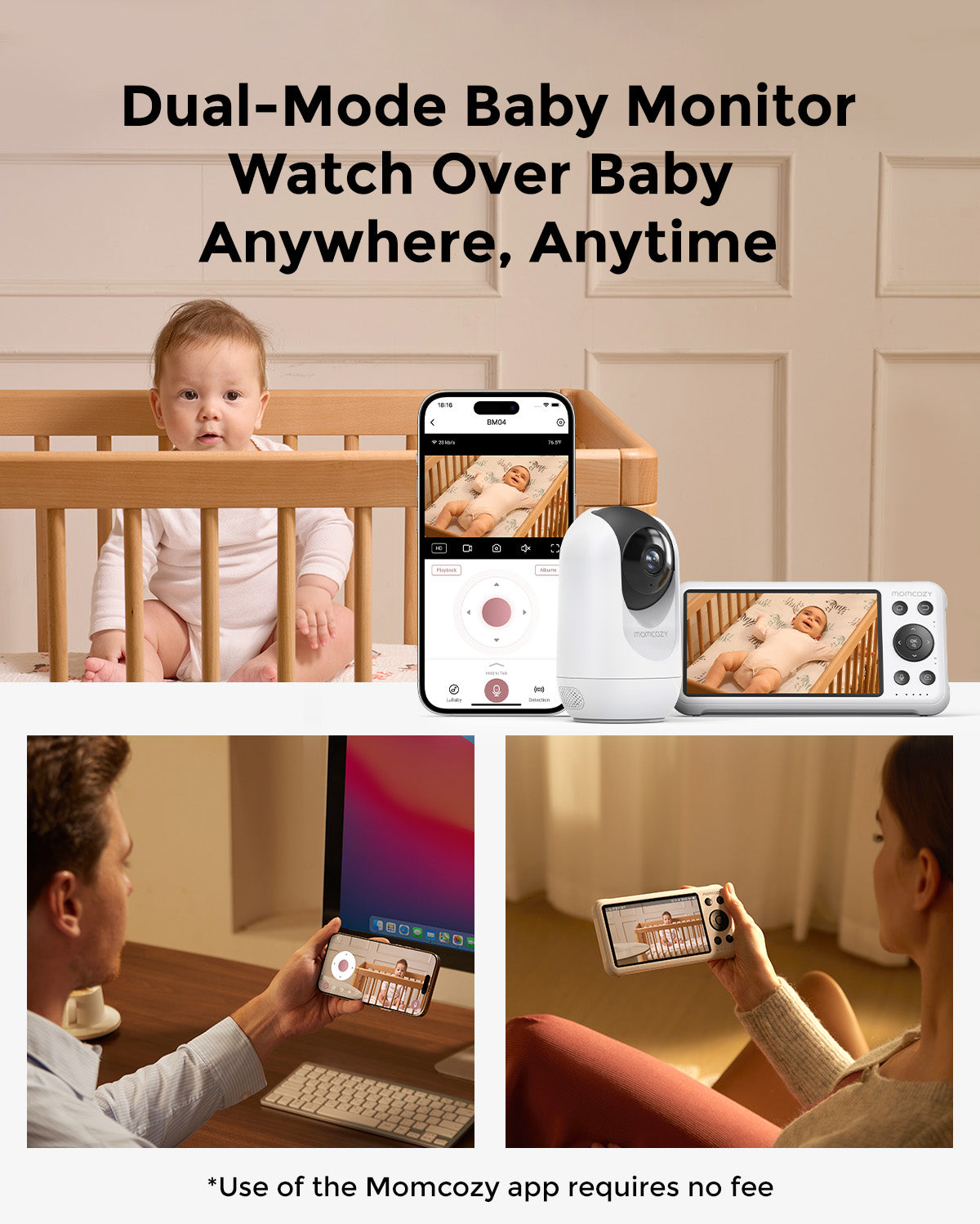 Momcozy Dual-Mode Smart Baby Monitor BM04 with baby, app, and handheld monitor. Parents use it anywhere.