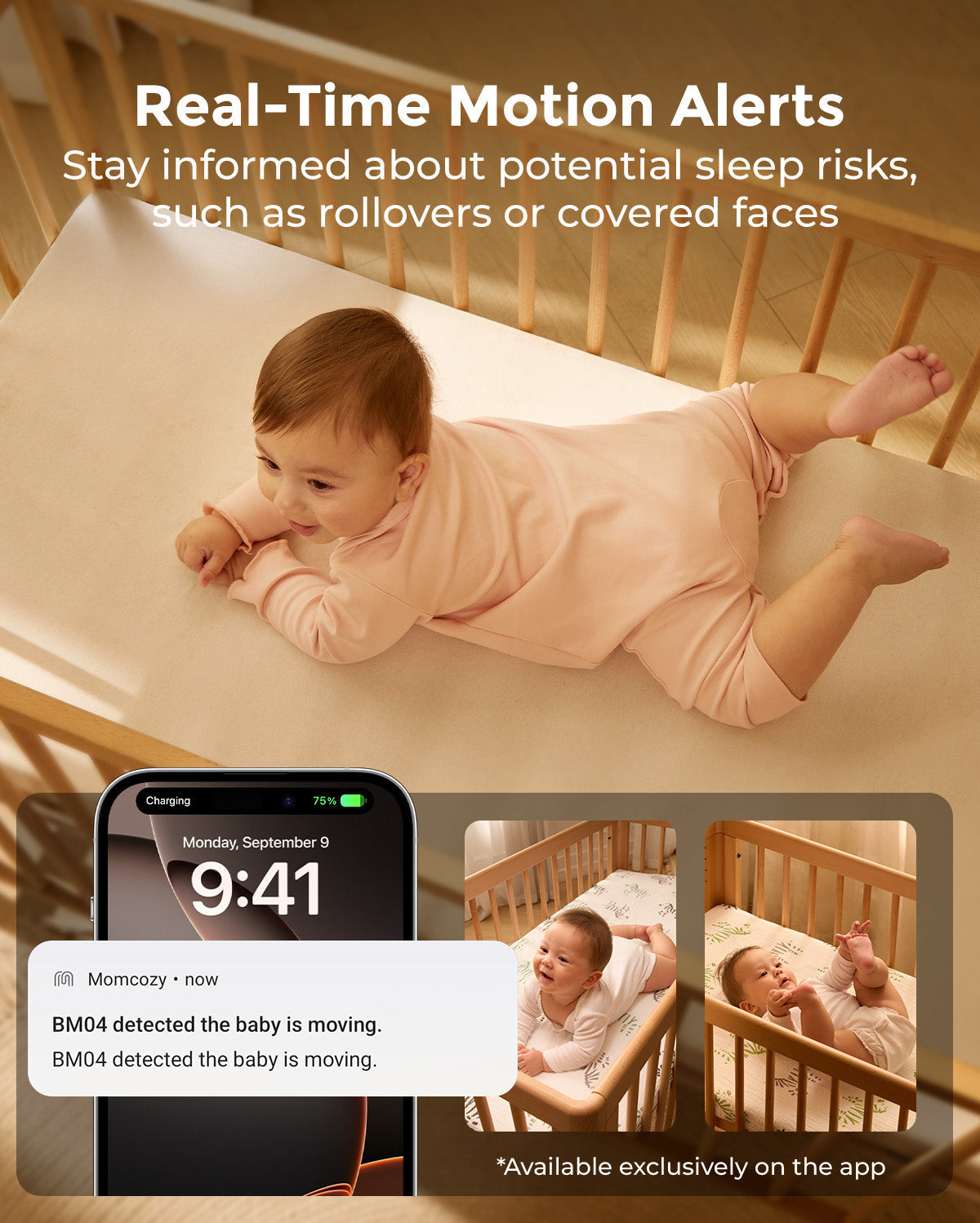 Momcozy BM04 baby monitor screen showing alerts: "BM04 detected the baby is moving." next to a baby in a crib.