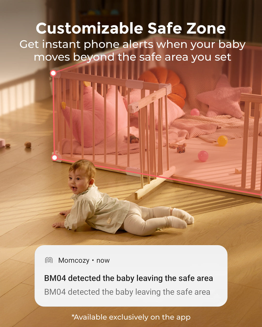 1080p Full HD Camera BM04 showing a baby crawling out of a customizable safe zone, with app alert notification.