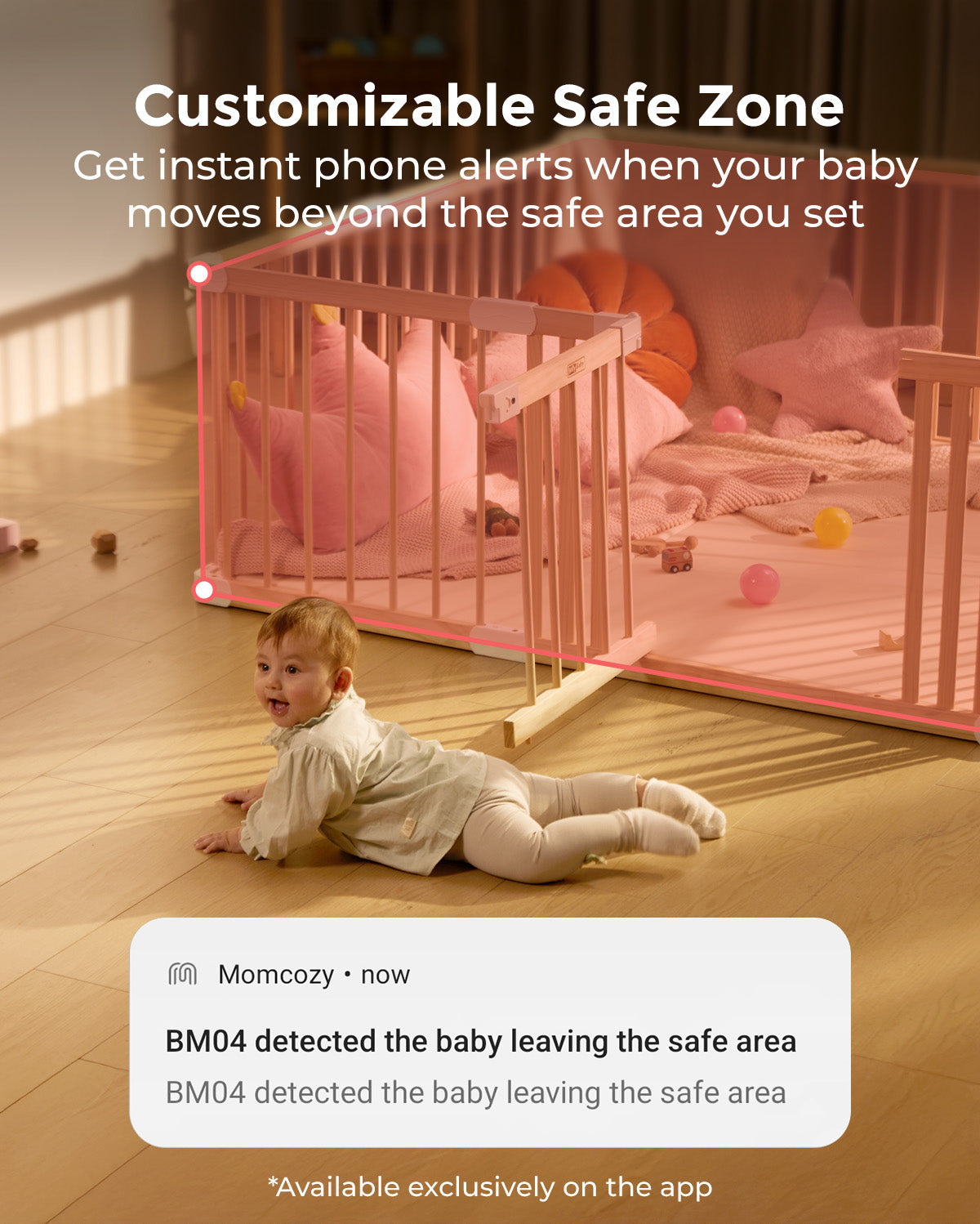 1080p Full HD Camera BM04 showing a baby crawling out of a customizable safe zone, with app alert notification.