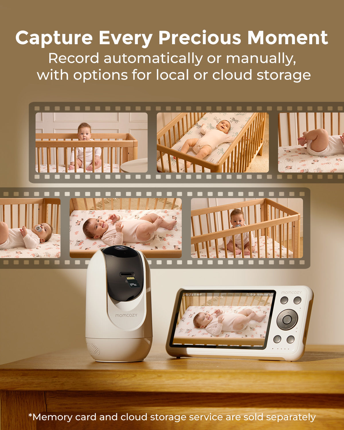 Momcozy baby monitor camera and screen displaying a baby in a crib. Multiple stills show babies in cribs.