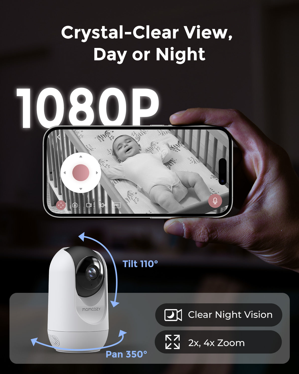 1080p HD baby monitor camera showing baby in crib. Pan 350°, Tilt 110°, Night Vision, Zoom.