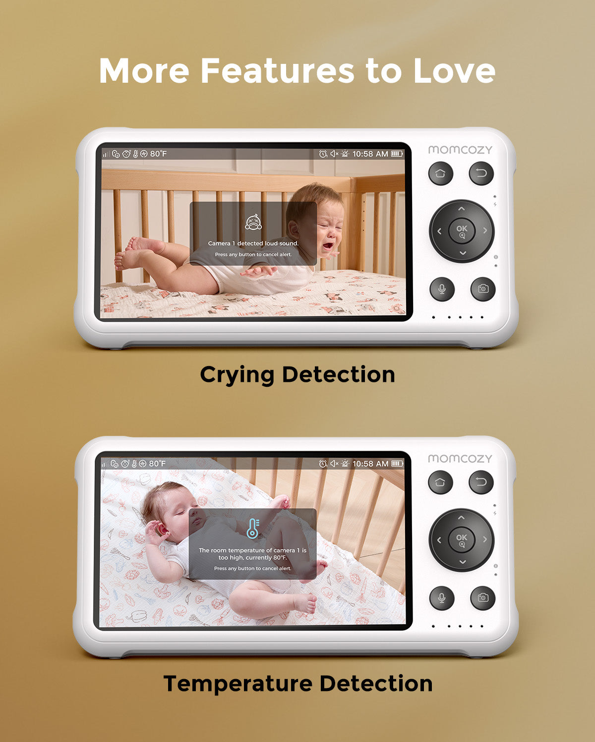 Momcozy baby monitor screen showing crying detection and temperature alert for camera 1.