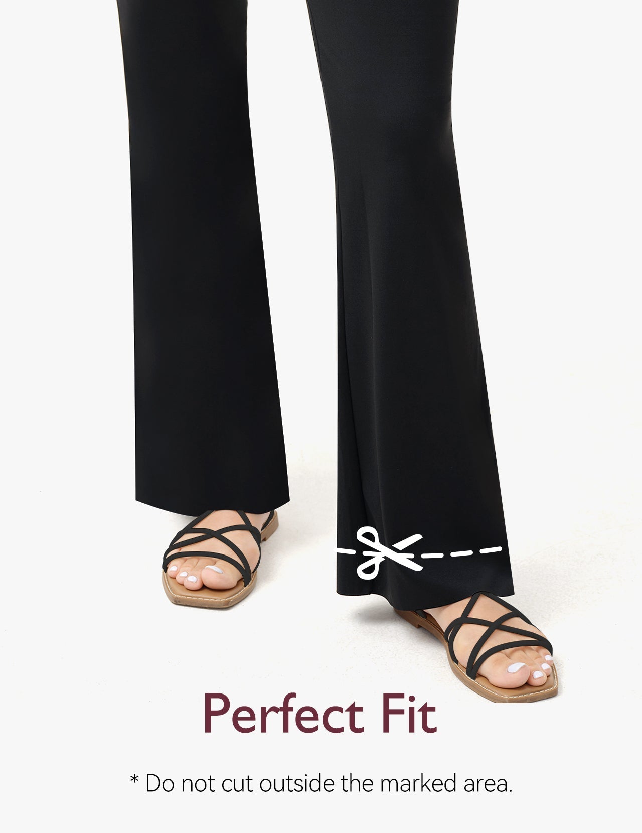 Black close-up of flared maternity leggings highlighting perfect fit with strappy sandals.