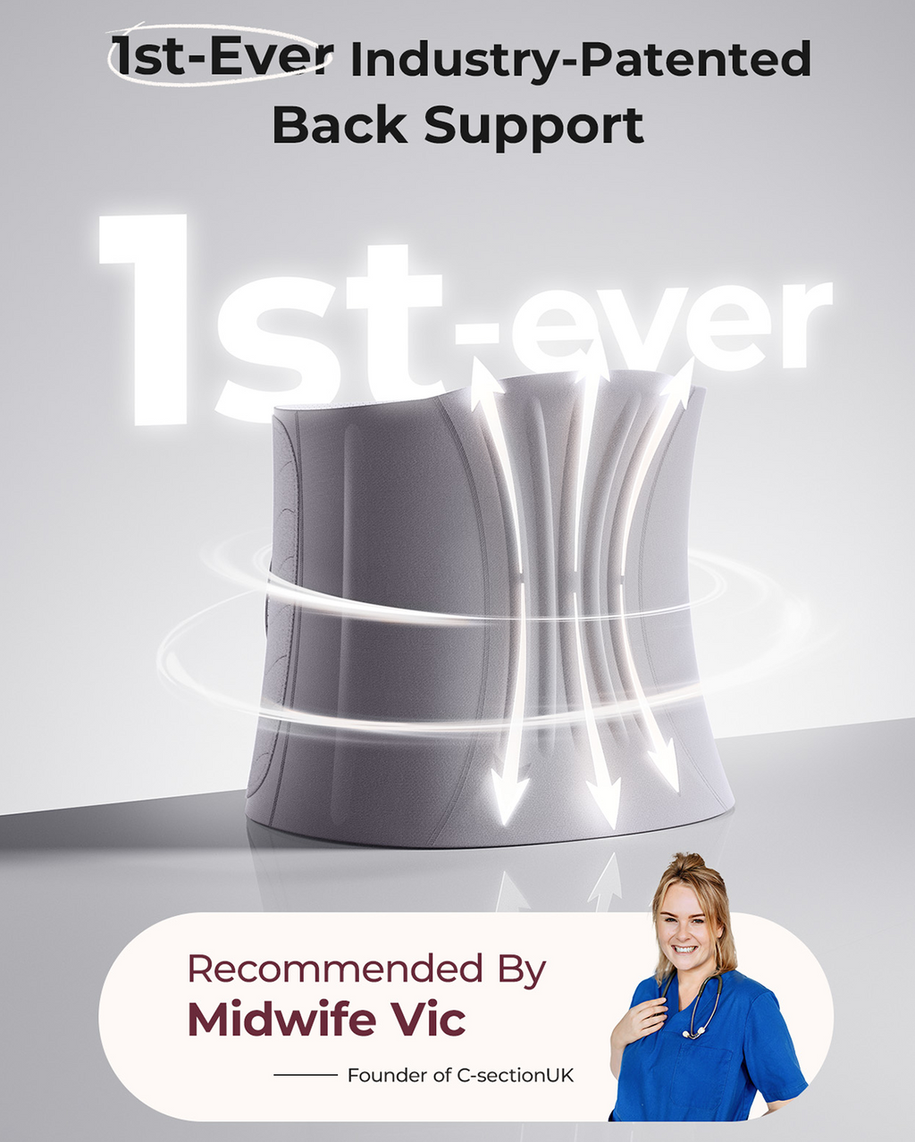 Momcozy Ergowrap Postpartum Belly Band with patented back support, recommended by Midwife Vic for postpartum recovery.