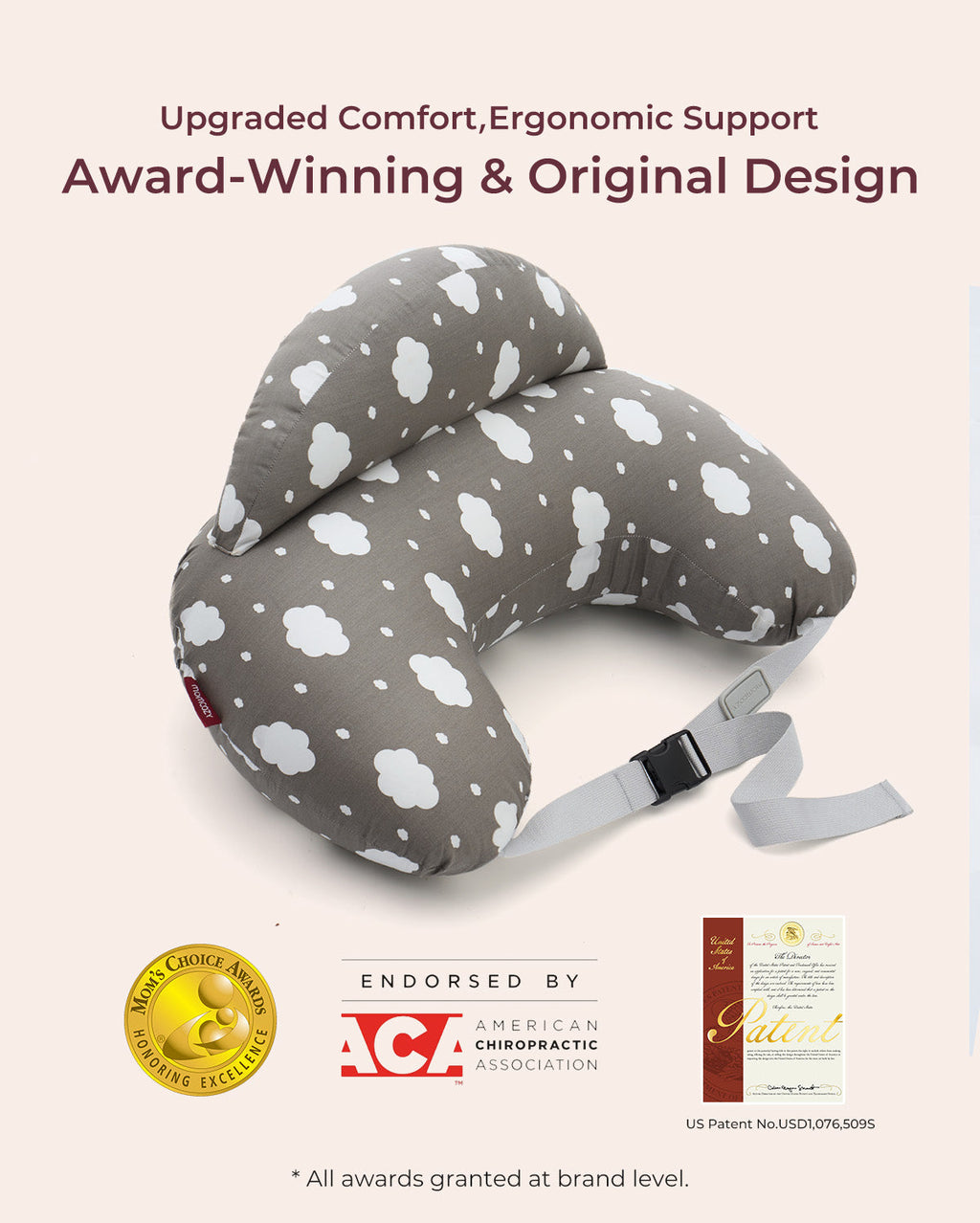 Multifunctional grey adjustable nursing pillow, white clouds, ACA endorsed, award-winning, ergonomic.