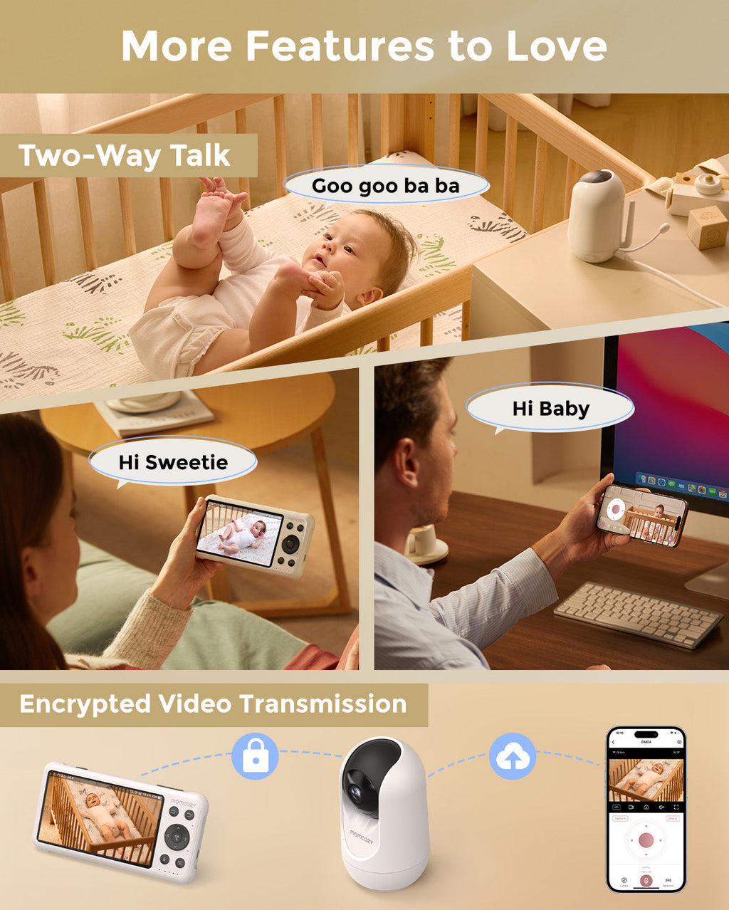1080p Full HD camera for baby monitor BM04 showing two-way talk feature and encrypted video transmission.