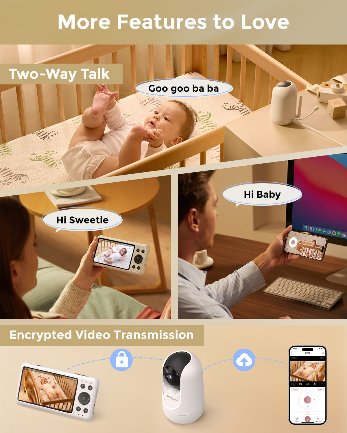 1080p Full HD camera for baby monitor BM04 showing two-way talk feature and encrypted video transmission.