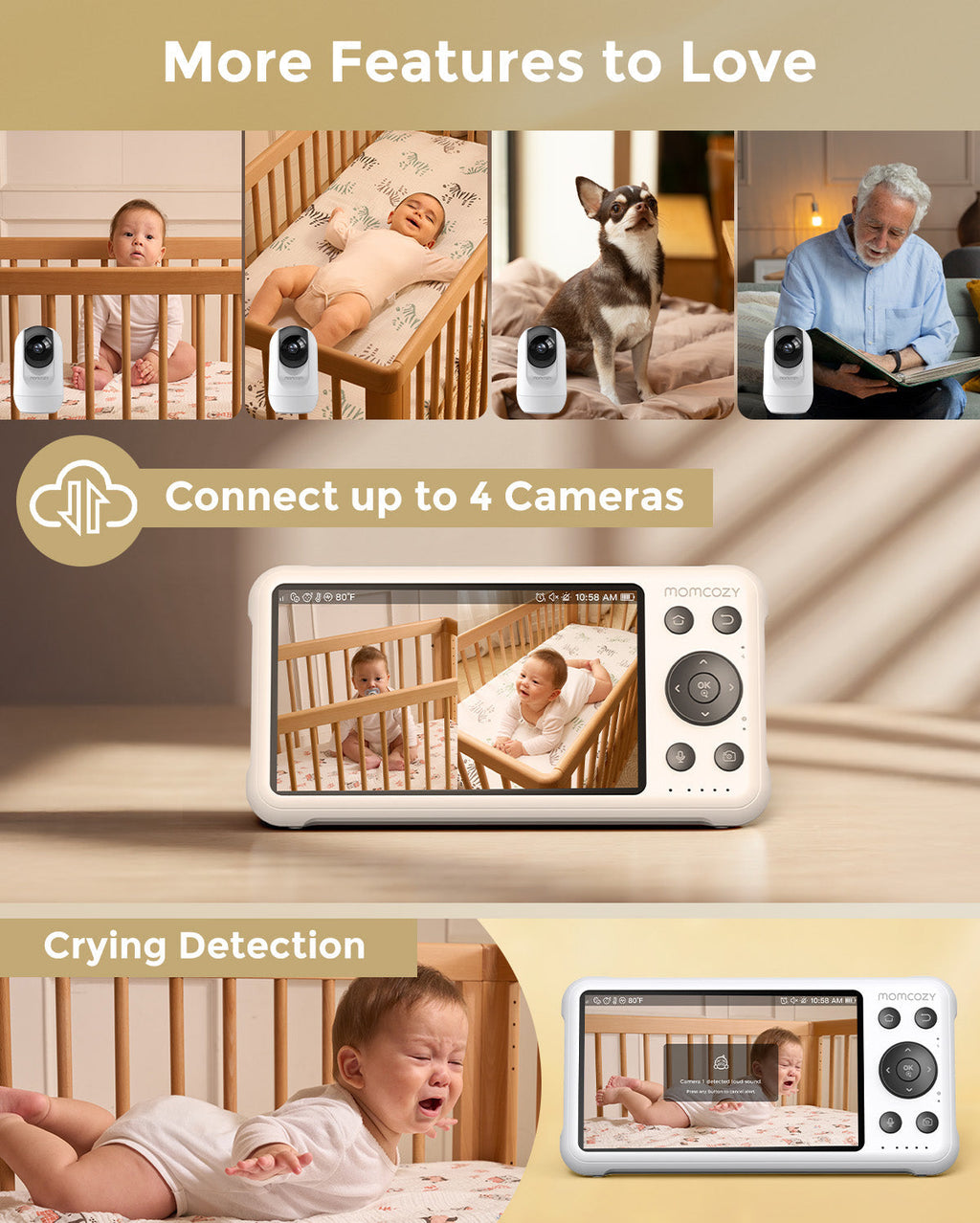 1080p HD baby monitor camera BM04: Connect up to 4 cameras, Crying Detection, HD display