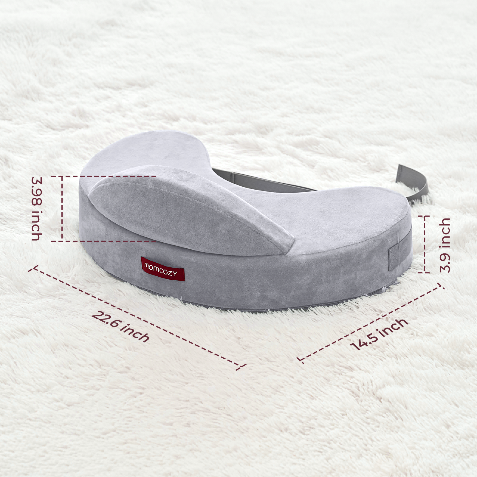 Gray Momcozy MaxSupport nursing pillow with dimensions shown.