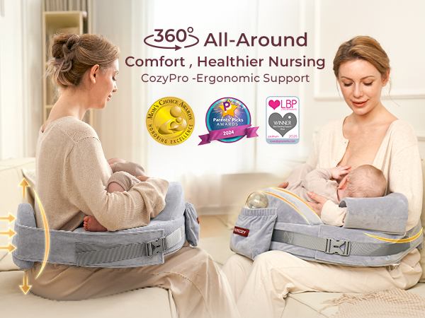 Momcozy MaxSupport nursing pillow providing ergonomic comfort for two mothers breastfeeding babies.