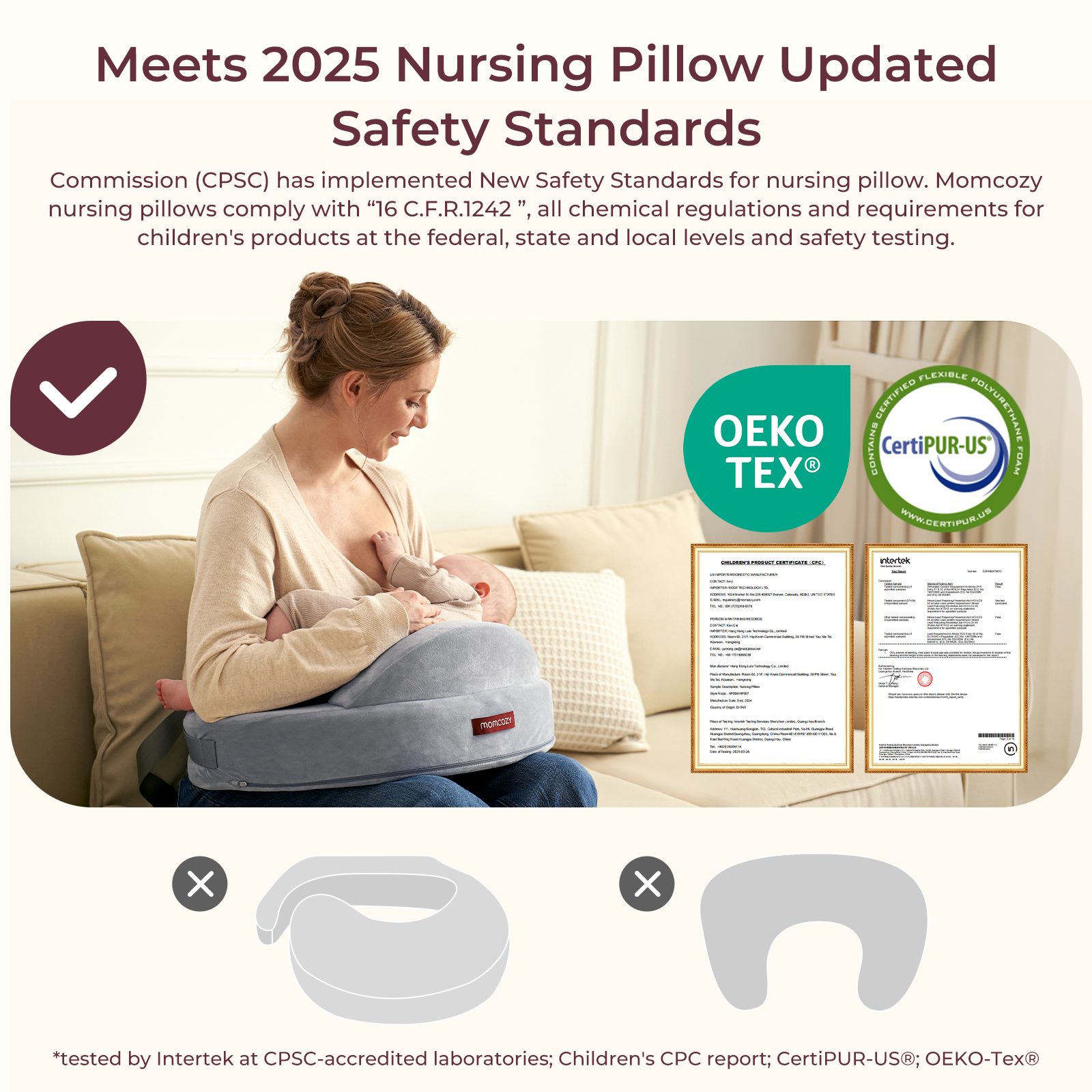 Momcozy grey memory foam nursing pillow with baby, meets safety standards, OEKO-TEX, CertiPUR-US certified.