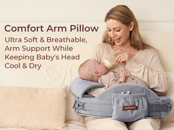Momcozy MaxSupport nursing pillow: Ultra soft, breathable arm support for baby feeding.