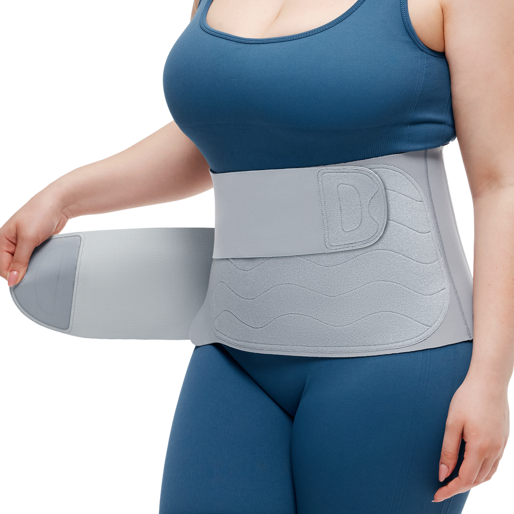 Momcozy Ergowrap Postpartum Belly Band in light gray, worn by a woman for postpartum support.