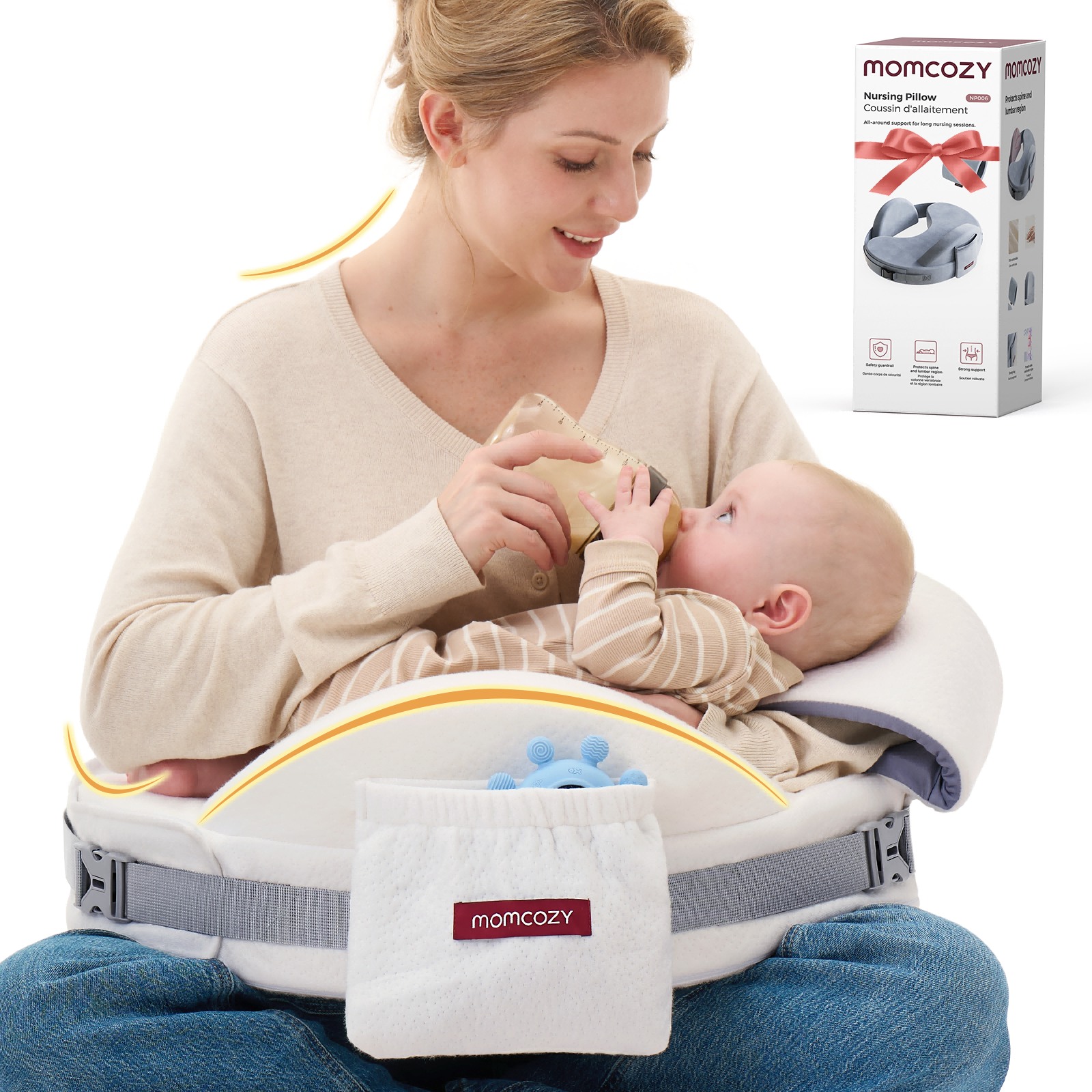 Momcozy MaxSupport nursing pillow supporting mother bottle-feeding baby.