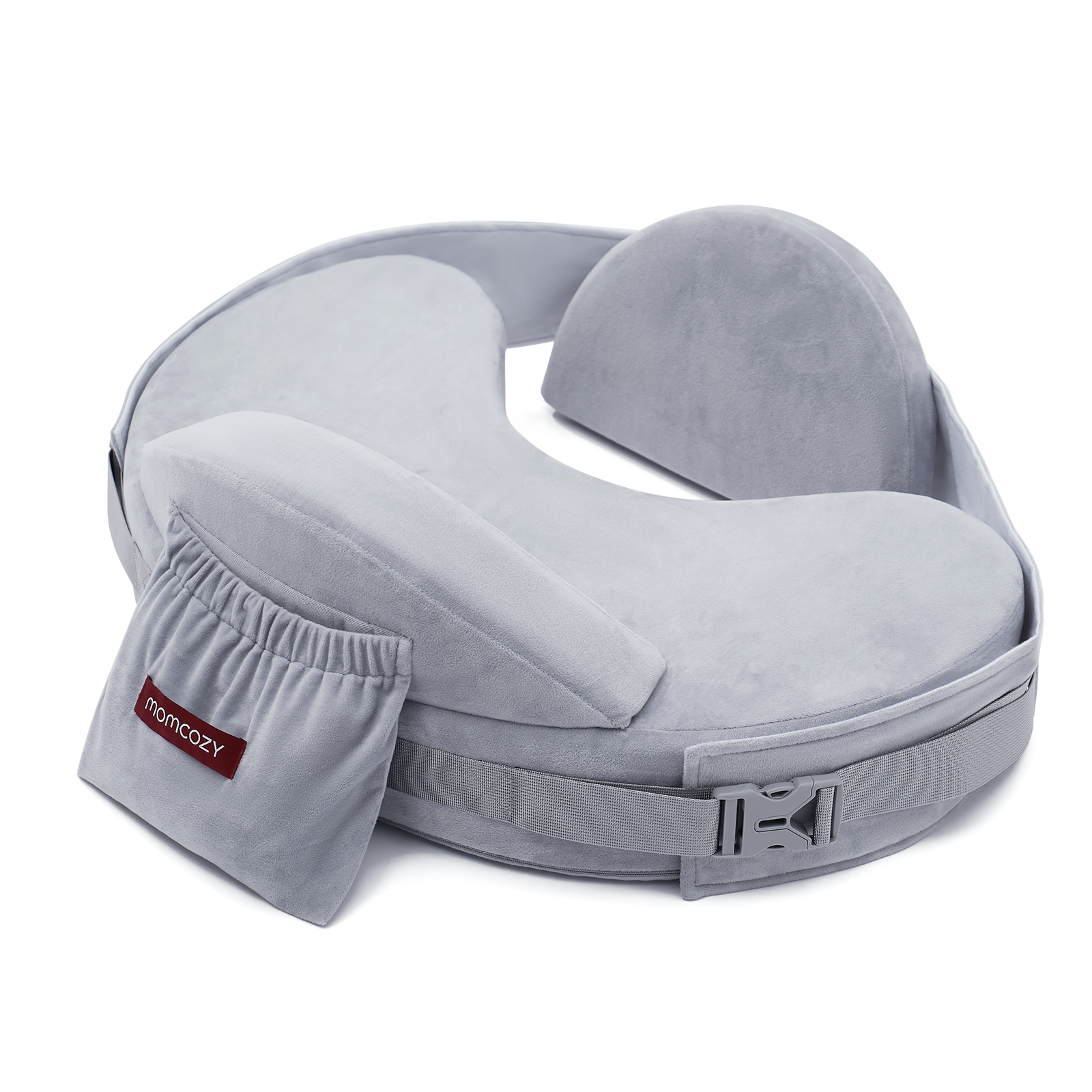 Momcozy MaxSupport U-shaped nursing pillow in light grey soft velour, with pocket.