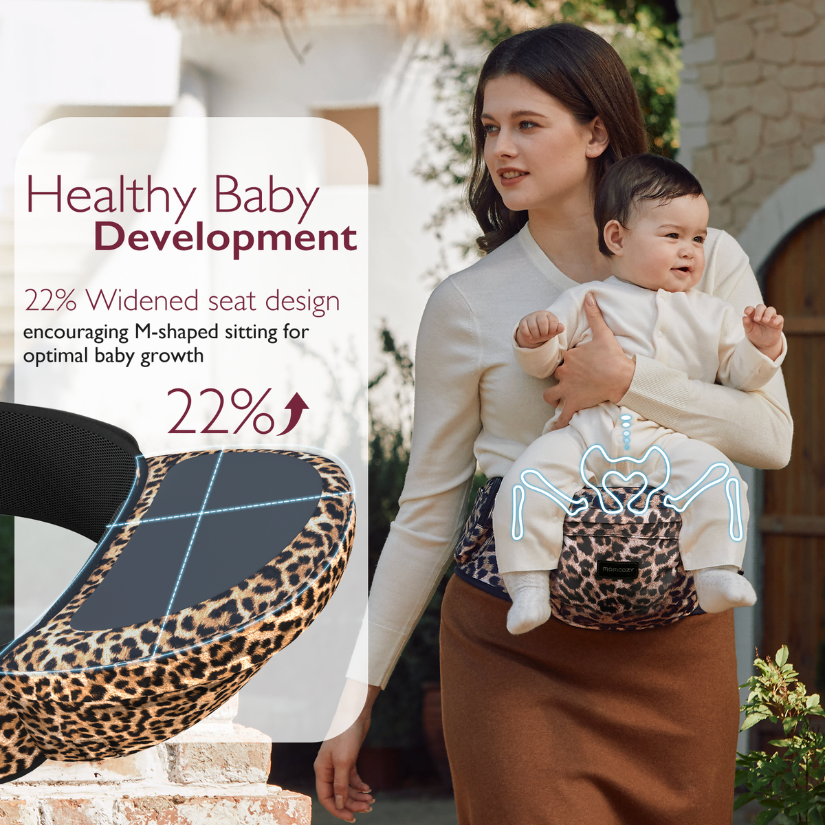 Momcozy Wander360 Hip Seat Carrier promoting healthy baby development with M-shaped sitting; leopard print design