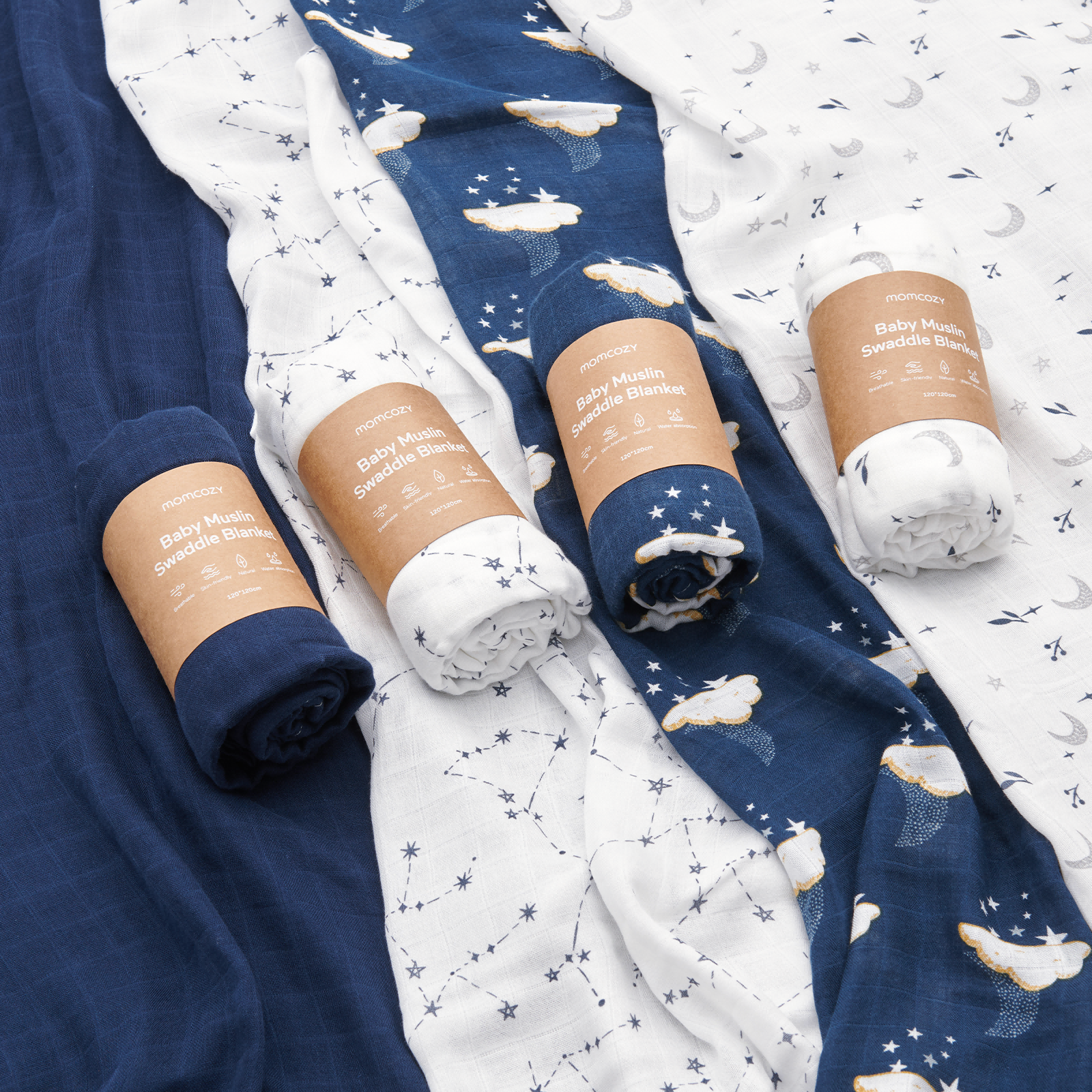 Momcozy Softness Swaddle Blankets - Midnight Star Clouds (4 Pack)