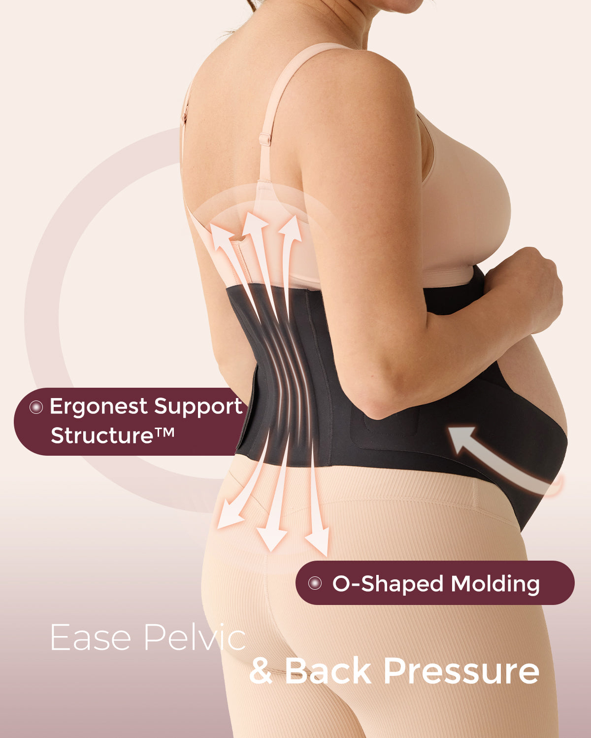 Black BumpEase maternity belly band with Ergonest Support and O-Shaped Molding to ease pelvic & back pressure.