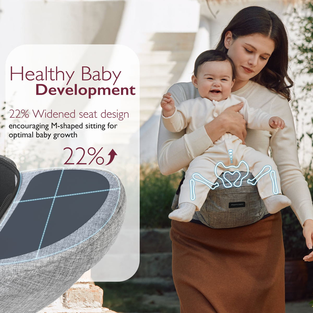 Momcozy Wander360 hip seat carrier promoting healthy baby development with M-shaped sitting for optimal growth.