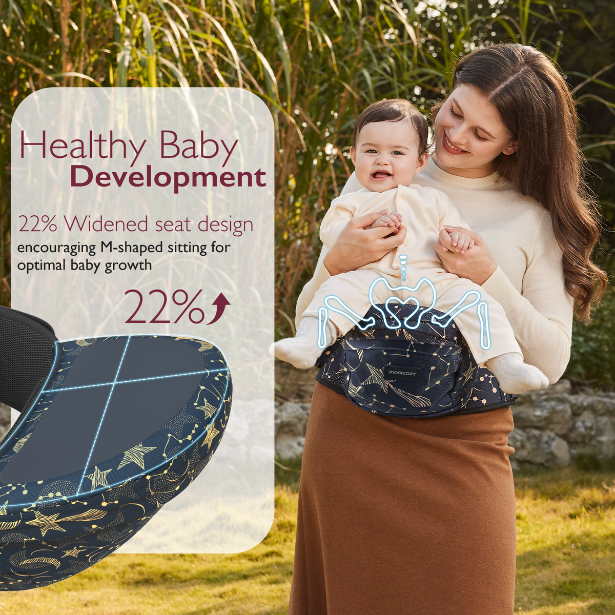 Momcozy Wander360 Hip Seat Carrier, promoting healthy baby development with M-shaped sitting, constellation design.