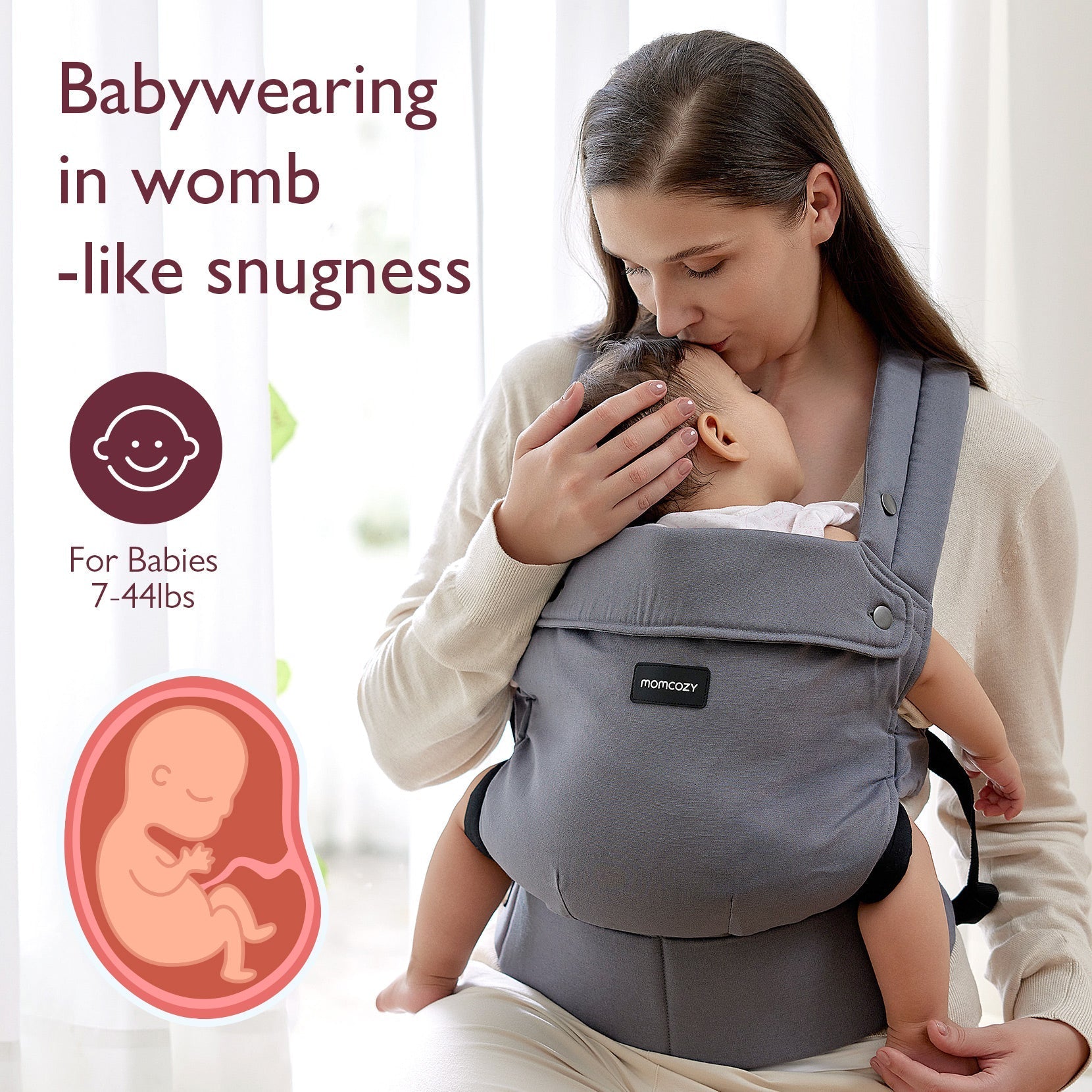 Momcozy PureHug grey baby carrier, babywearing in a comfortable, supportive design. Features womb-like snugness for babies.