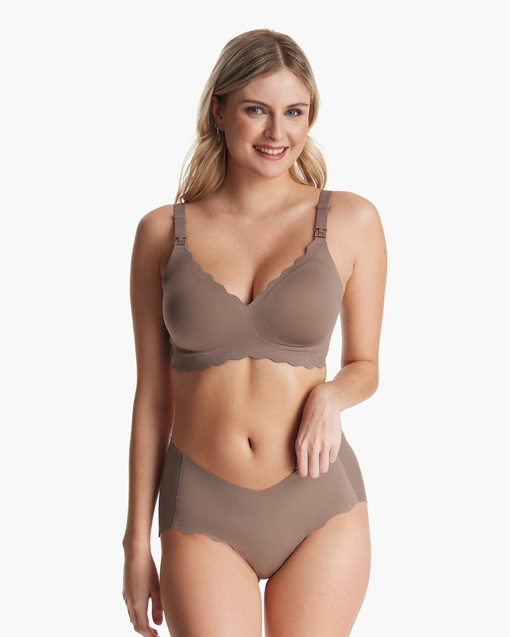 Taupe Jelly Strip Seamless Nursing Bra YN46 set on woman, featuring scalloped edges, smooth fabric & M9 Pump clips.
