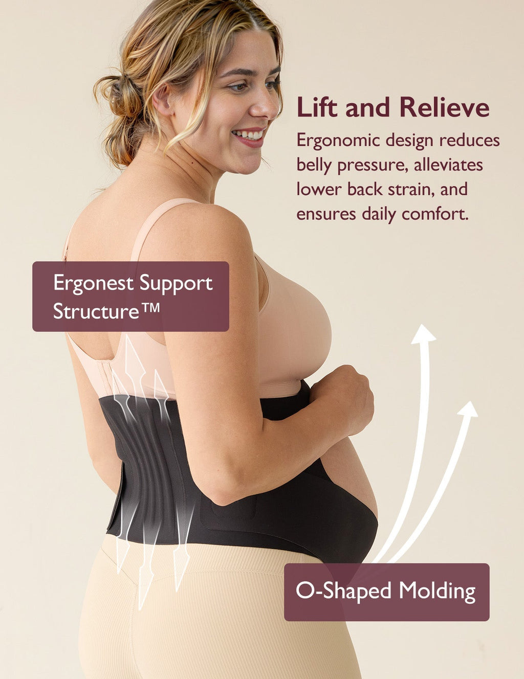 Black BumpEase maternity band with Ergonest Support, O-Shaped Molding for reduced belly pressure & back strain.