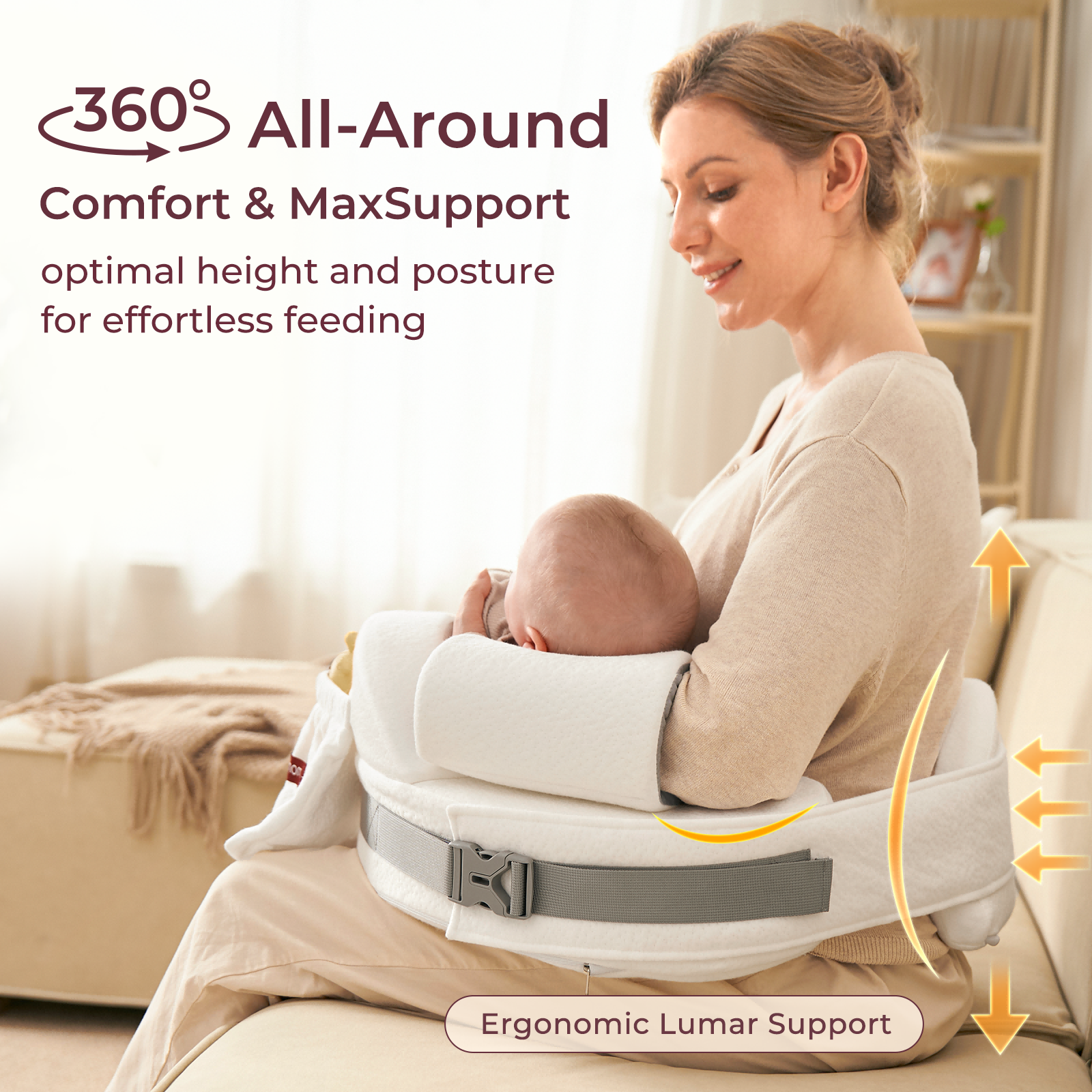 Momcozy MaxSupport nursing pillow for effortless feeding with 360° comfort & lumbar support.