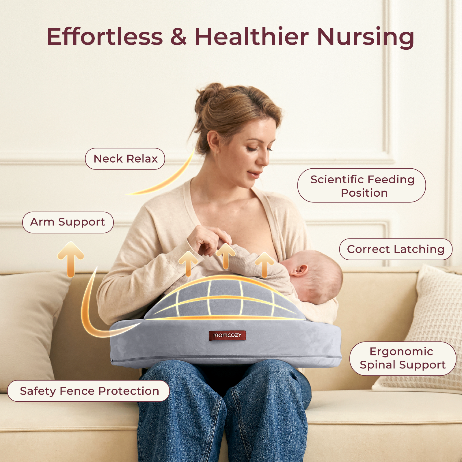 Momcozy MaxSupport Nursing Pillow for effortless and healthier nursing.