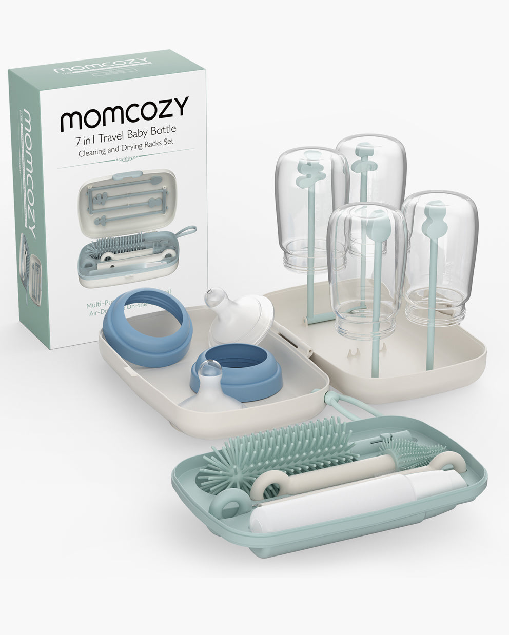 Momcozy 7-in-1 travel bottle cleaning kit with drying rack and accessories in teal color.