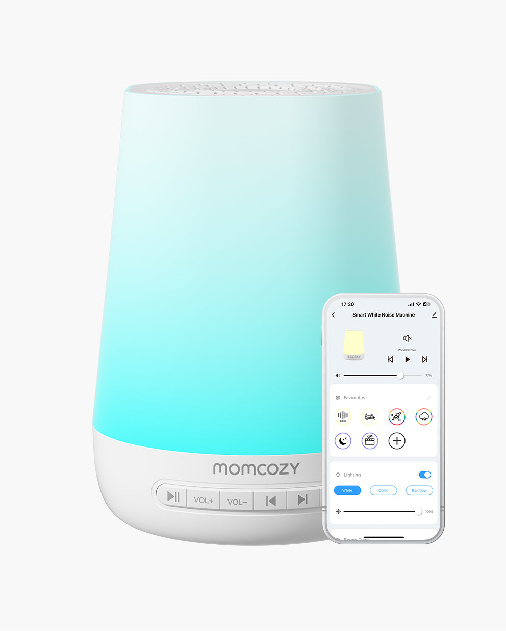 Smart Baby Sound Machine with app remote control showing lighting and sound options, white and blue color gradient.