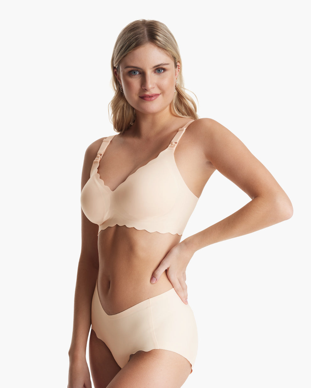 Beige Jelly Strip Seamless Nursing Bra YN46 set with scalloped edges & visible nursing clips on blonde model, M9 Pump.