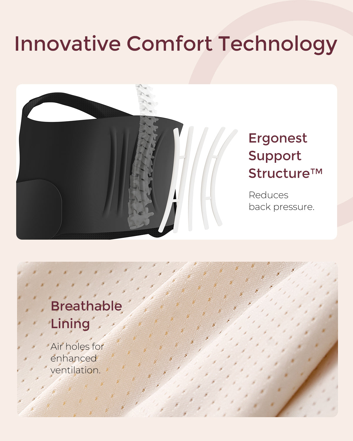 BumpEase maternity belly band: black band with Ergonest Support Structure, beige fabric with breathable lining.