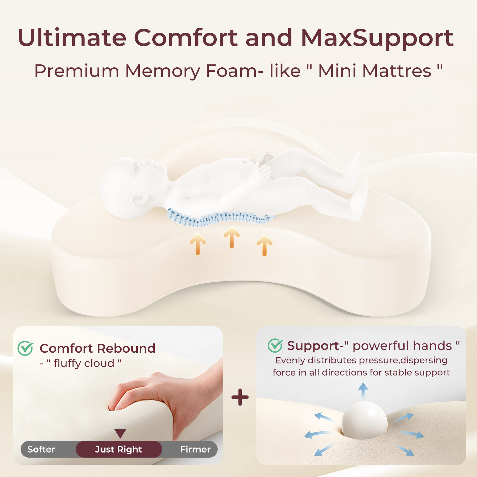 Momcozy MaxSupport nursing pillow showcasing premium memory foam for ultimate comfort and support.