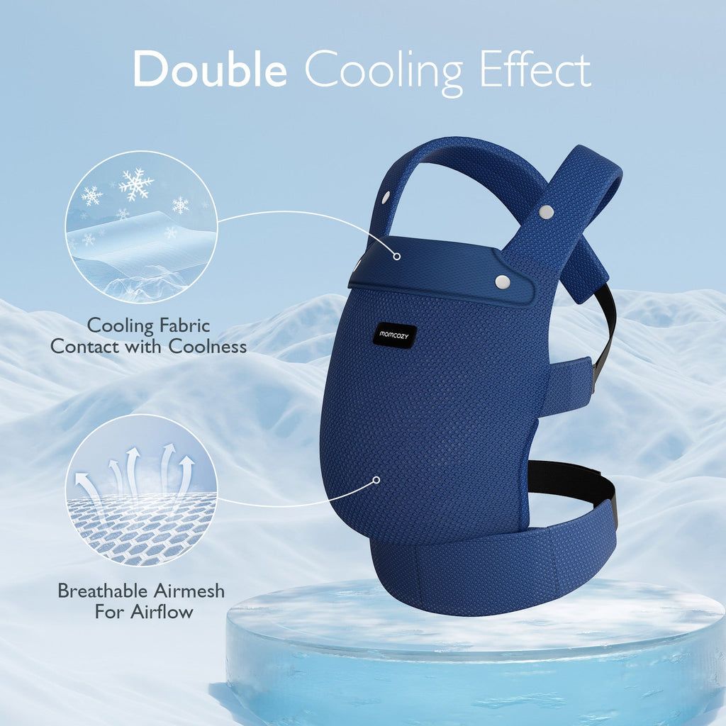 Momcozy PureHug baby carrier, navy blue, featuring double cooling design with breathable airmesh for comfortable babywearing.