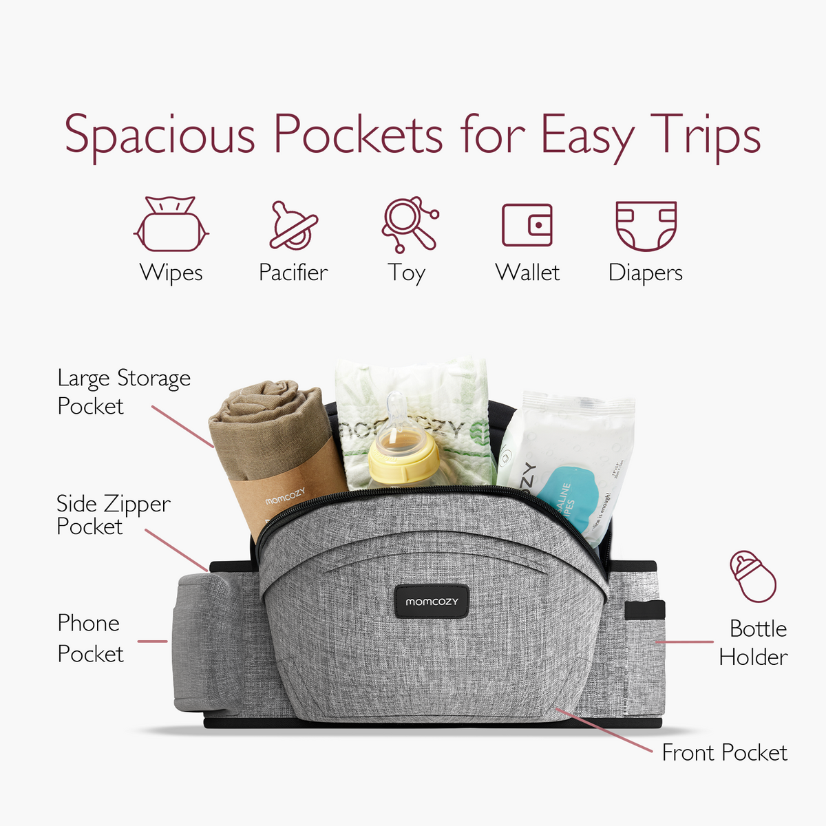 Gray Momcozy Wander360 hip seat carrier, highlighting storage pockets for baby essentials and easy trips.