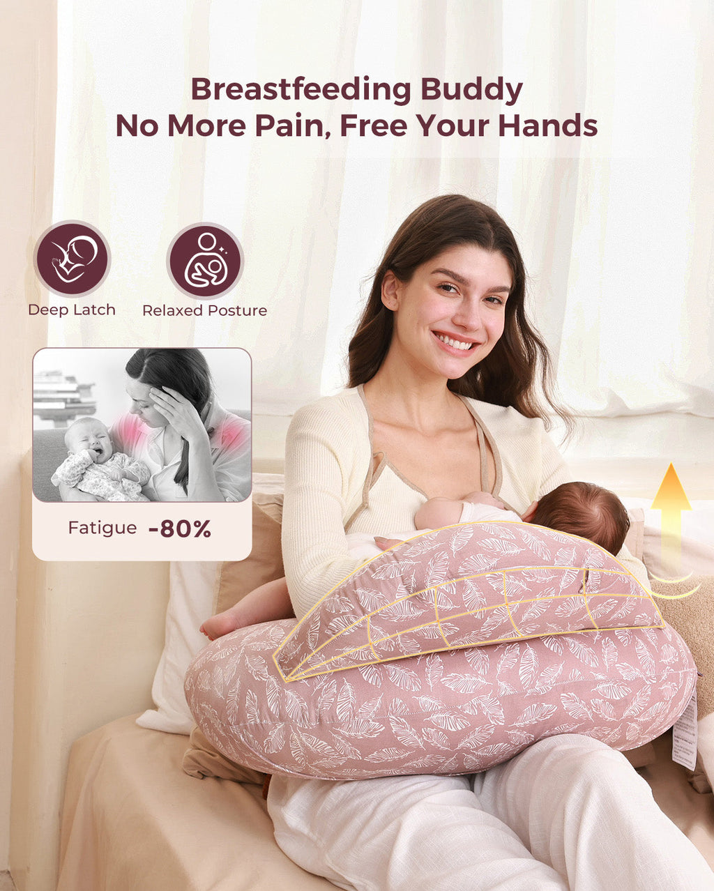 Pink feather print multifunctional nursing pillow supporting breastfeeding mother and baby.