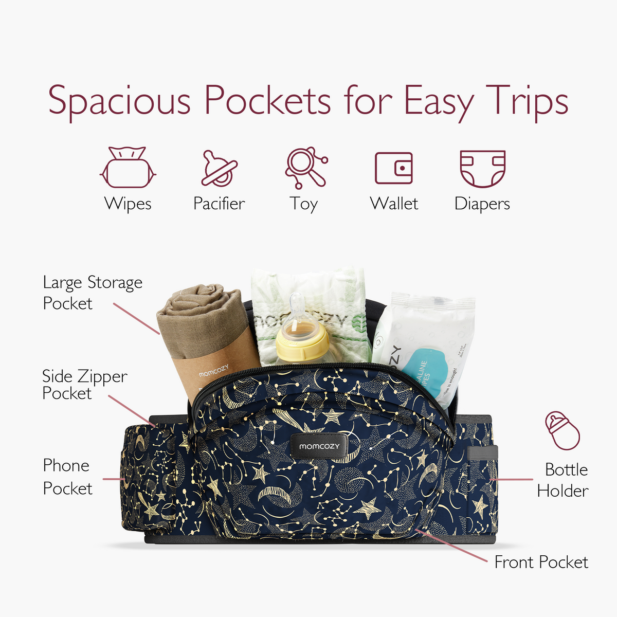 Momcozy Wander360 Hip Seat Carrier with various pockets for baby essentials, navy blue with star design.