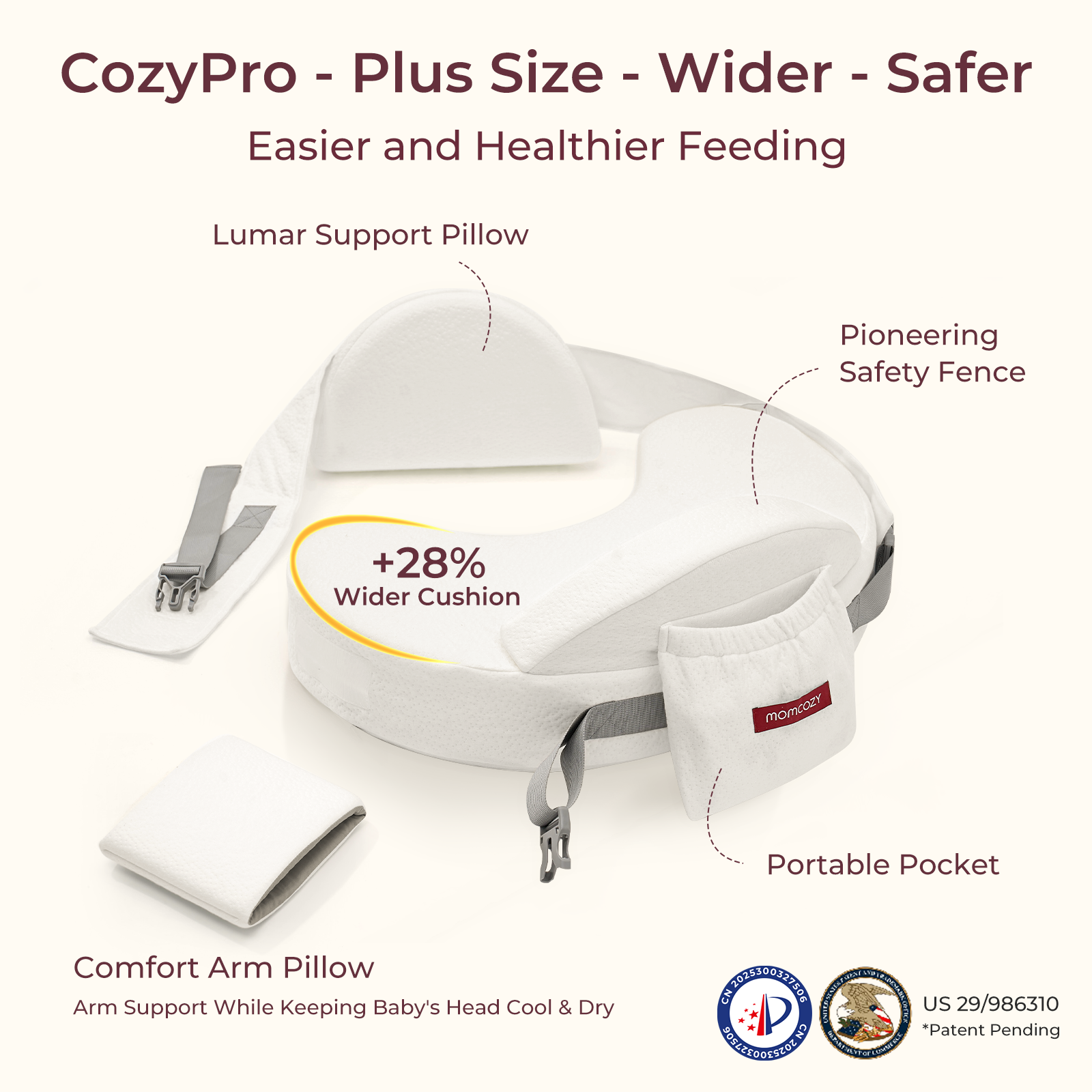 Momcozy MaxSupport nursing pillow with lumbar support, wider cushion, and portable pocket.