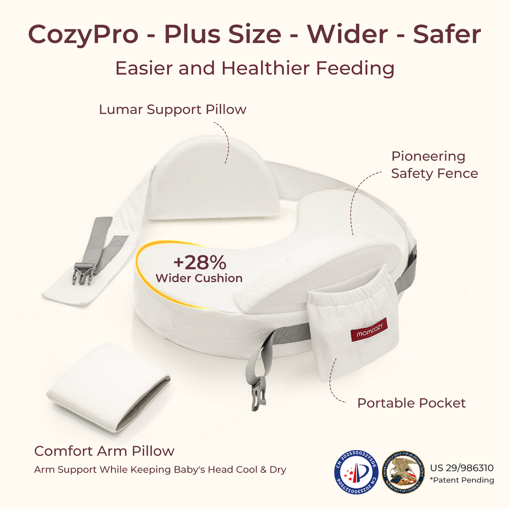 Momcozy MaxSupport nursing pillow with lumbar support, wider cushion, and portable pocket.