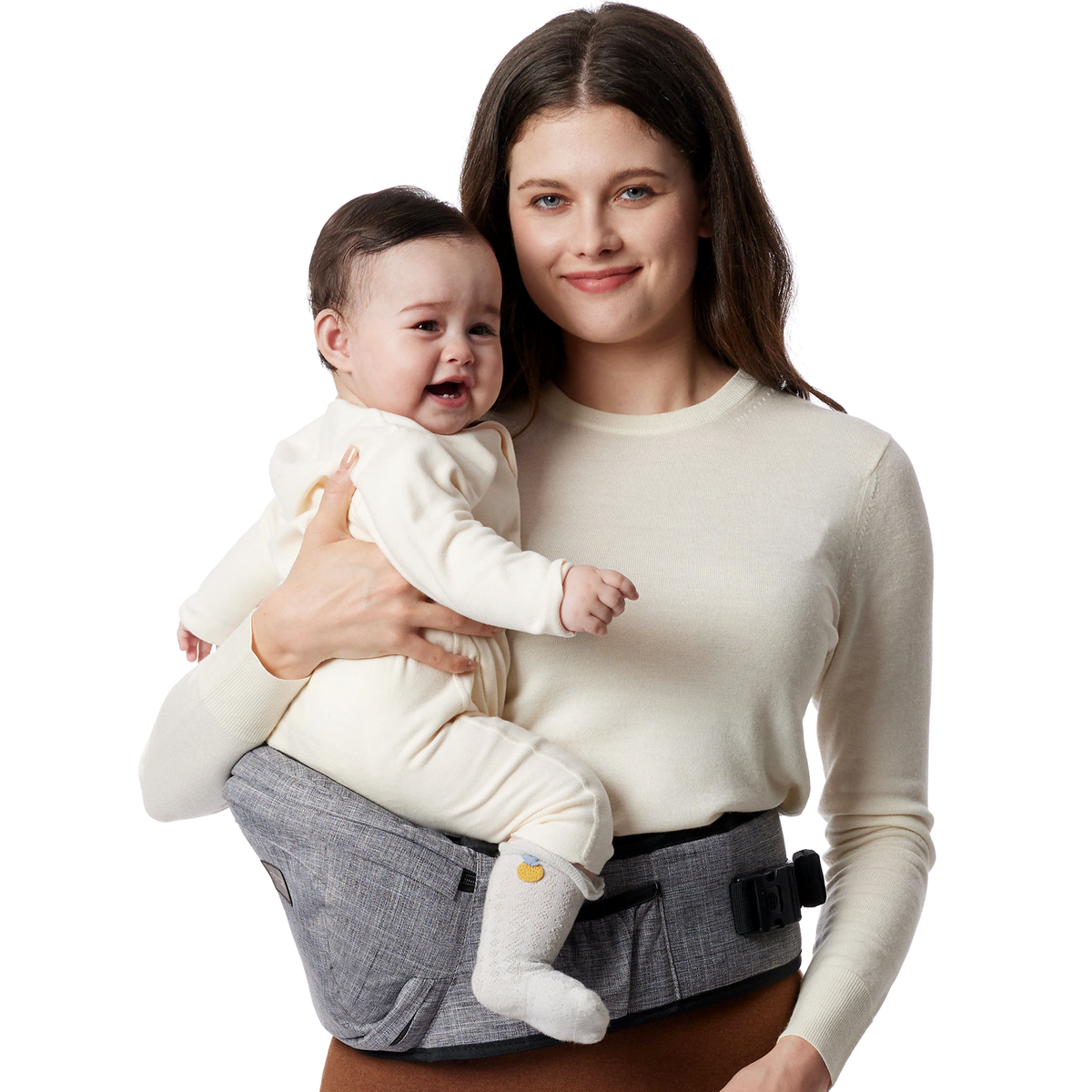 Momcozy Wander360 Hip Seat Carrier: Woman with baby wearing a comfortable, gray hip seat carrier.