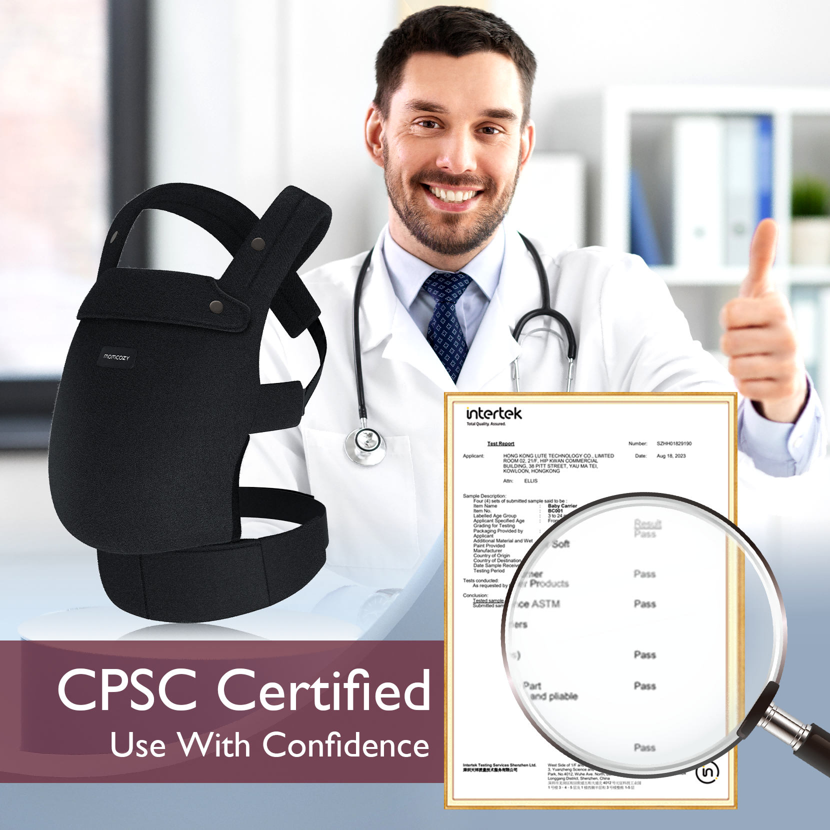 Momcozy PureHug baby carrier in black, CPSC certified for safety, approved by doctor, offering comfortable babywearing