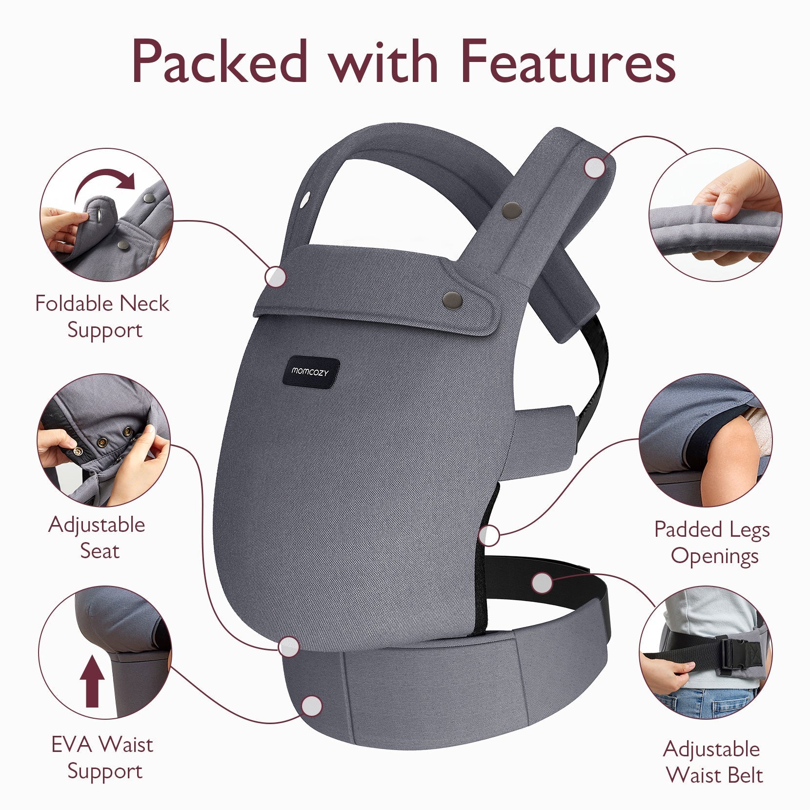 Momcozy PureHug baby carrier, gray, features foldable neck support, adjustable seat, and waist belt for babywearing.