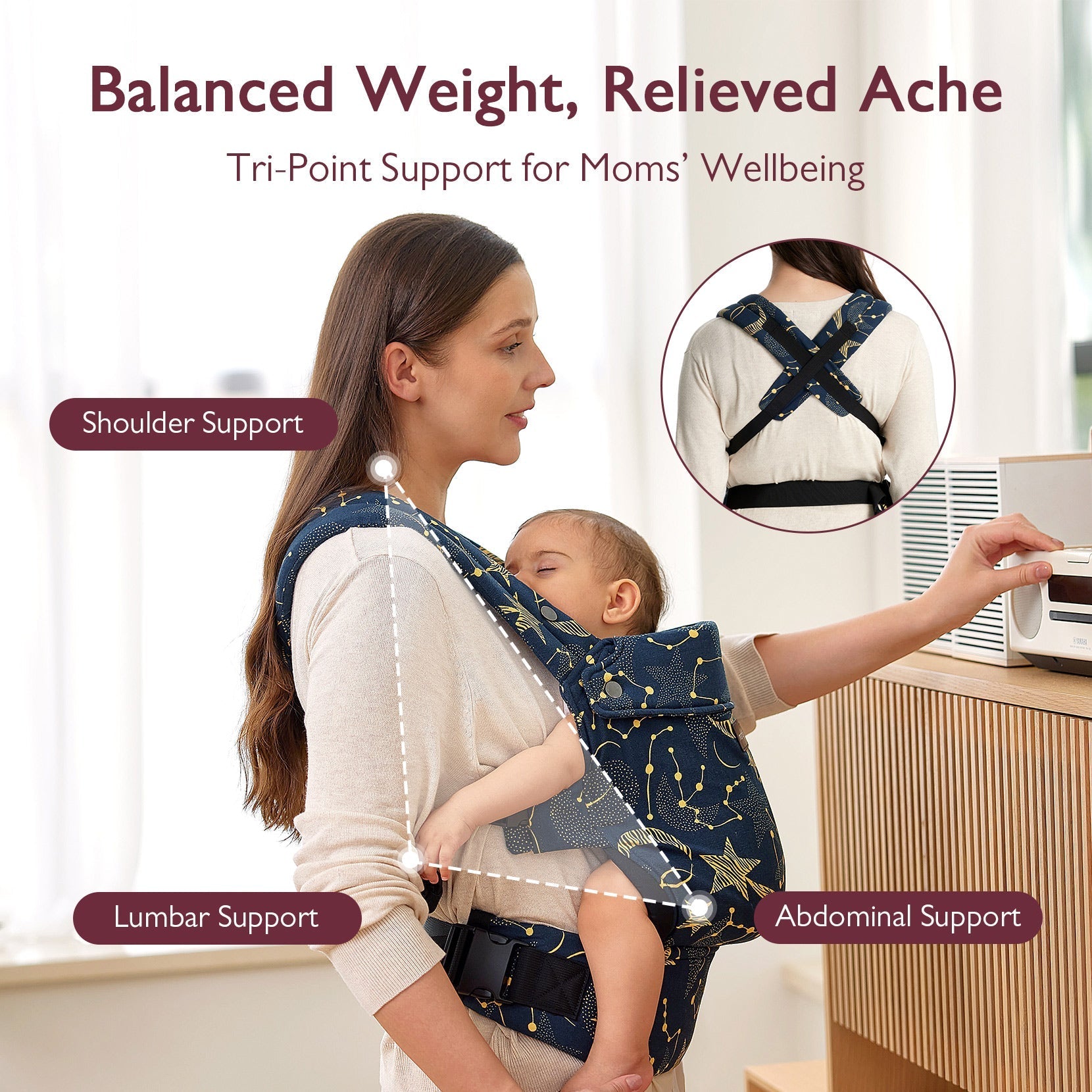 Momcozy PureHug baby carrier: Navy blue star pattern, offering shoulder, lumbar, and abdominal support for moms' well-being.