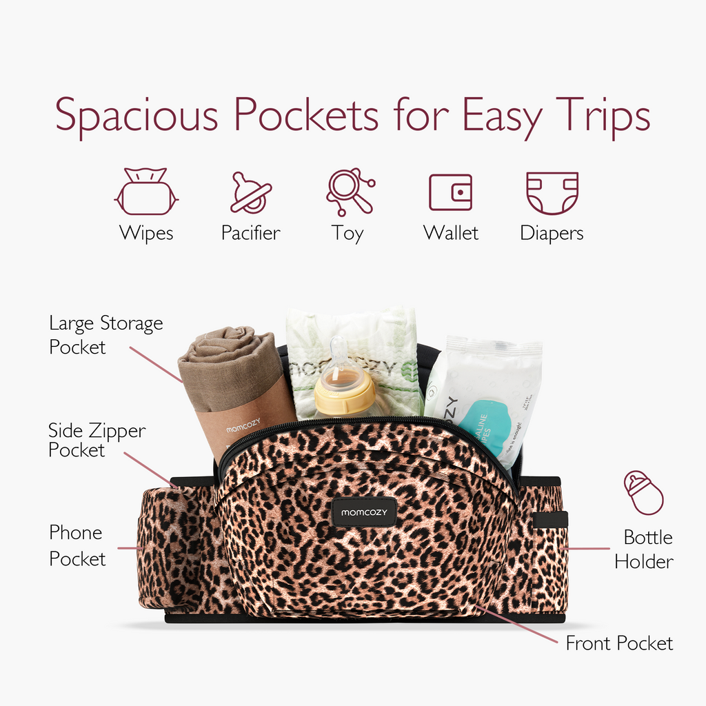 Momcozy Wander360 Hip Seat Carrier with leopard print design, featuring spacious pockets for easy baby essentials storage