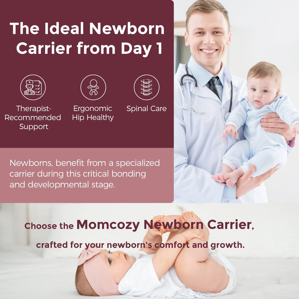 Momcozy Newborn Carrier: Newborn comfort & growth, featuring ergonomic design, therapist-recommended support and spinal care