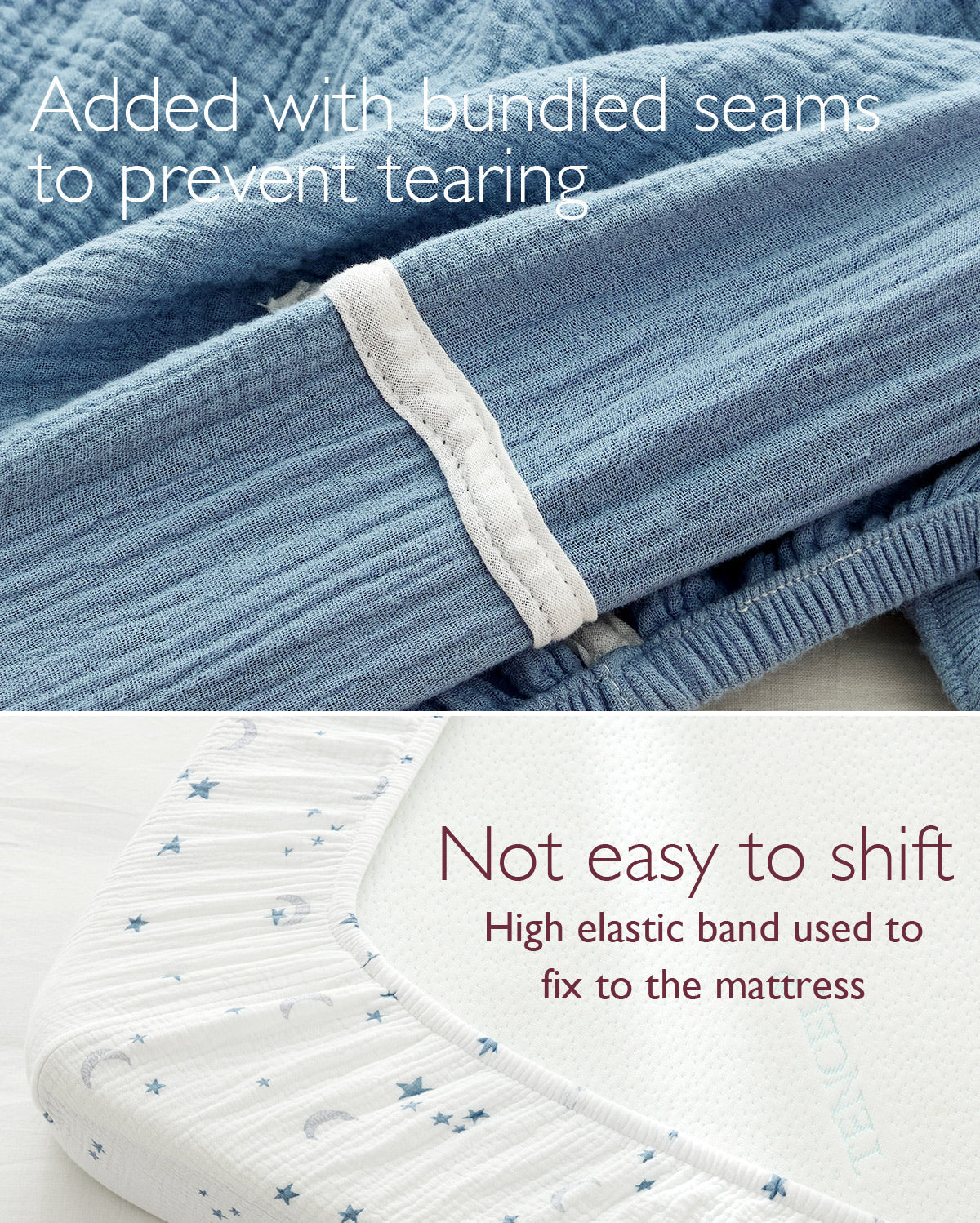 Momcozy Muslin Fitted Crib Sheets - 2 sizes - Blue White Star Moon