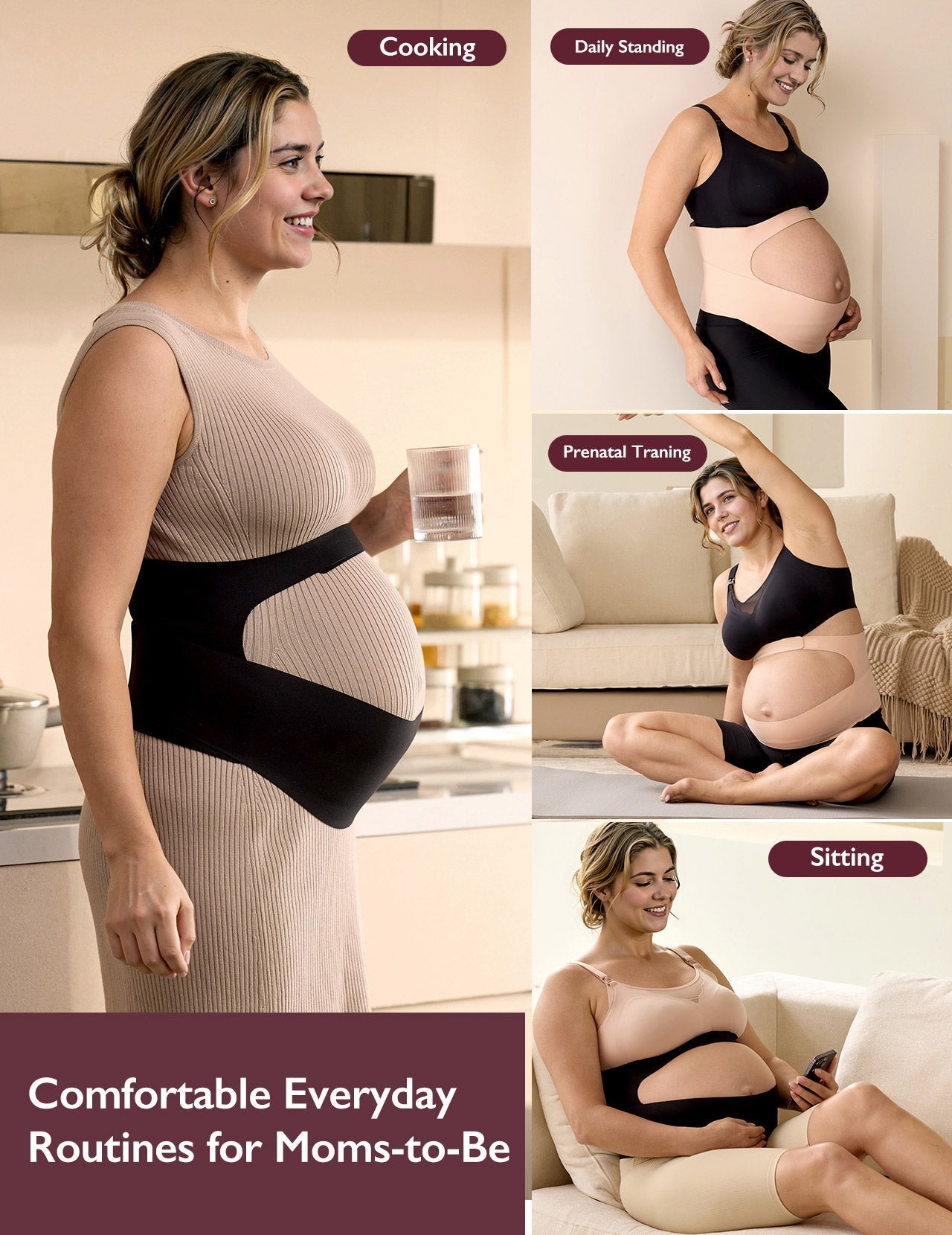 Collage: Pregnant people in BumpEase maternity bands for cooking, standing, training, and sitting.