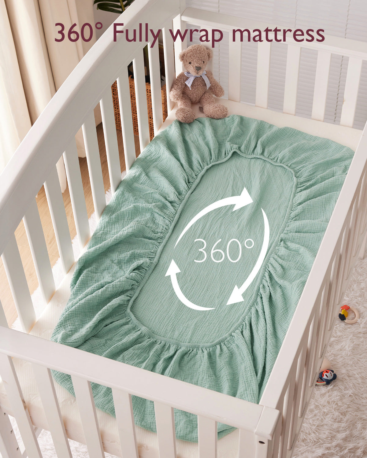 Momcozy Muslin Fitted Crib Sheets - 2 sizes - Green & Grey